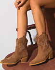 Women’s Short Western Cowboy Boots – Suede Pointed Toe Thick Heel Slip-On Retro Ankle Boots
