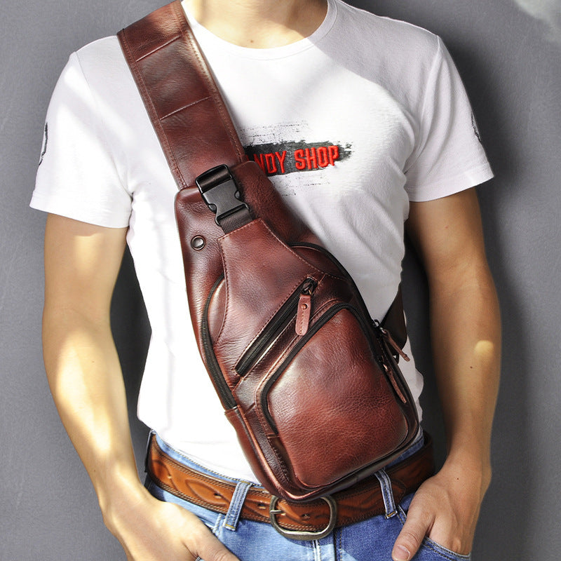 Men’s Genuine Cowhide Leather Chest Bag – Simple Retro Crossbody Satchel