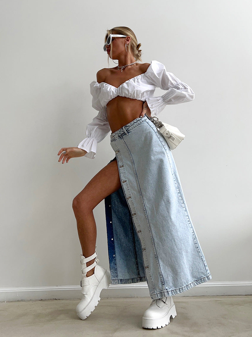 Damen-Maxirock im Used-Look aus Denim – dehnbarer, verwaschener A-Linien-Langrock (Spandex-Mischung, SL) für Büro und Freizeit