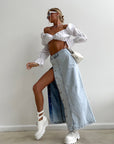 Women's Distressed Denim Maxi Skirt - Stretchy Washed A-Line Long Skirt (Spandex Blend, S-L) for Office & Casual Wear