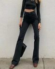 Women's Slim Micro Flare Jeans - High Waisted Cotton Stretch Denim (Black/Dark Blue/Light Blue) Casual & Comfortable