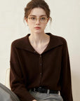 Women’s Slim Fit Cardigan Sweater – Lapel Collar Button-Up Knit with Contrast Trim, Maillard Brown Tone