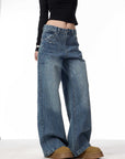 Women’s Rivet High-Waist Wide-Leg Jeans – 90% Cotton Baggy Fit (Blue)