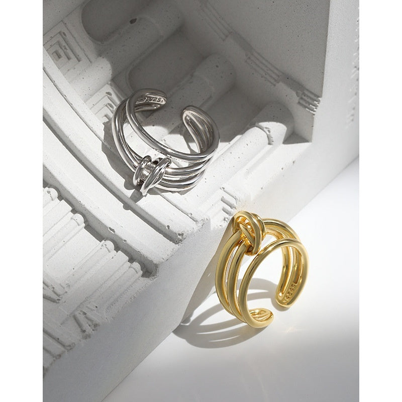 Women’s Multi-Layer Knotted S925 Sterling Silver Ring – Adjustable Open Design