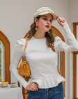 Women's Ruffle Detail Knit T-Shirt - Solid Color Long Sleeve Casual Top (Polyester Blend) - Urban Leisure Style