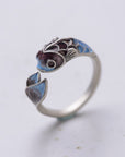 Women’s S925 Silver Retro Roasted Blue Koi Ring – Adjustable National Style Jewelry