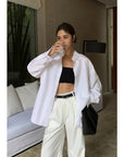 Women's Loose Fit White Shirt - Flip Collar Long Sleeve Blouse (XS-L) - Cotton-Polyester Blend Relaxed Top for Work & Casual