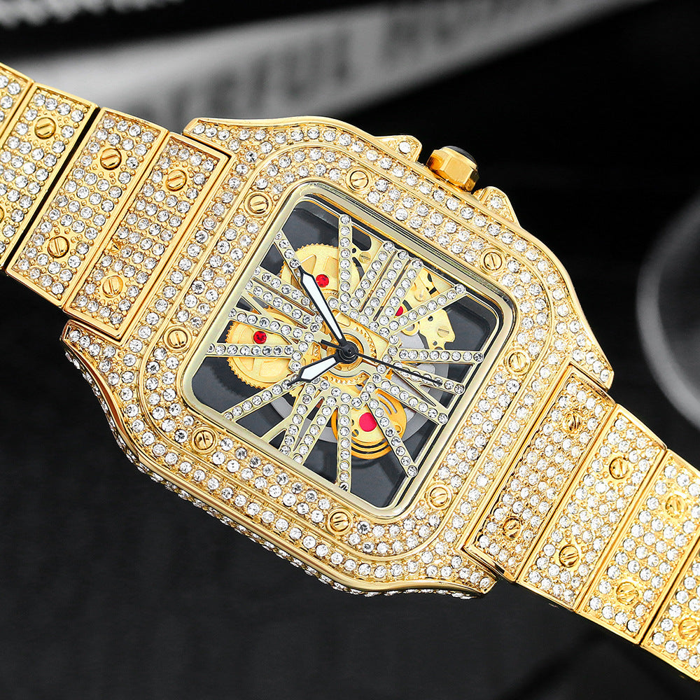 Men’s Square Skeleton Watch – Full Diamond Quartz (Gold/Silver, 44mm)