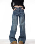 Women’s Rivet High-Waist Wide-Leg Jeans – 90% Cotton Baggy Fit (Blue)