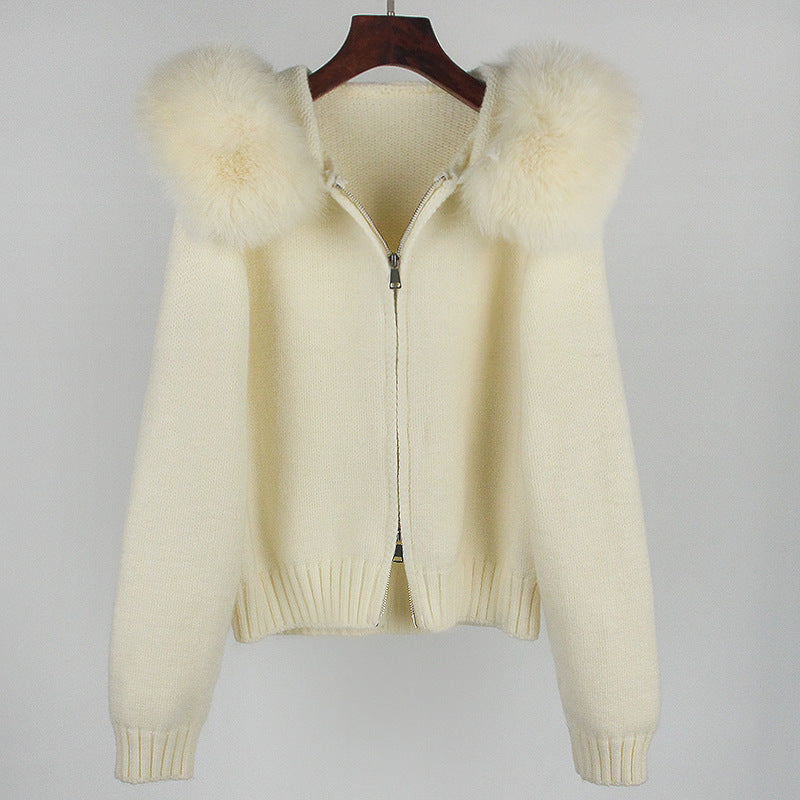Women’s Hooded Spring Coat – Zipper Cardigan with Real Fox Fur Collar