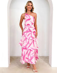Robe longue à volants et imprimé floral pour femme (rose/violet/bleu) – Robe de soirée sexy sans manches en polyester