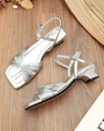 🔥 Women's Square Toe Open-Toe High Heel Slippers – Chic Buckle Sandals (Silver/Brown/White) – Comfortable Raw Rubber Sole
