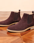 Men Genuine Cow Suede Chelsea Boots – British Style Slip-On Mid-Calf Boots with Chunky Heel