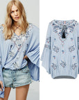 Women's Bohemian V-Neck Lace-Up Blouse – Hand-Embroidered Cotton Top – Retro Artistic Vibes
