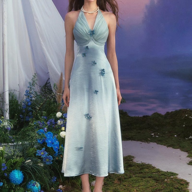 Women's French Vacation Halter Dress - Glacier Blue Floral A-Line Maxi Dress (Sleeveless, Polyester, Mid Waist)