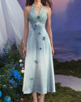 Neckholder-Kleid im französischen Urlaubsstil für Damen – Gletscherblaues Maxikleid mit Blumenmuster in A-Linie (ärmellos, Polyester, mittlere Taille)