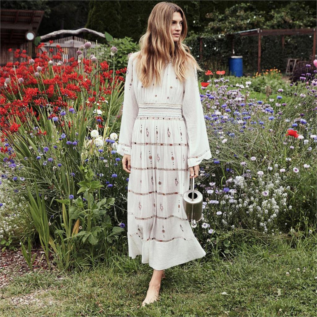 Jupe longue brodée style bohème pour femme – Style hipster européen et américain (blanc) – Jupe longue en coton à taille élastique (S-XL)