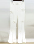 Flower Micro Pants for Women – High-Waisted Long Pants with Floral Decor – White & Pink Polyester Blend