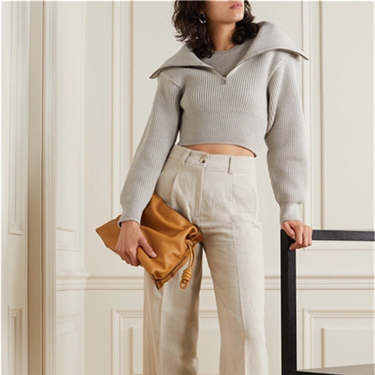 Women’s Large-Collar Lapel Short Knit Sweater – Slim-Fit Soft Texture Chic Style