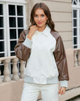 Color-blocked Spliced PU Leather Women's Motorcycle Jacket Baseball Coat