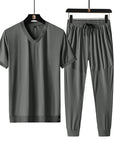Ensemble de sport en soie glacée pour homme : t-shirt à manches courtes et col en V, pantalon (bleu foncé/kaki/vert), mélange de nylon respirant, grande taille