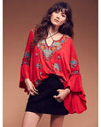 Women's Bohemian V-Neck Lace-Up Blouse – Hand-Embroidered Cotton Top – Retro Artistic Vibes