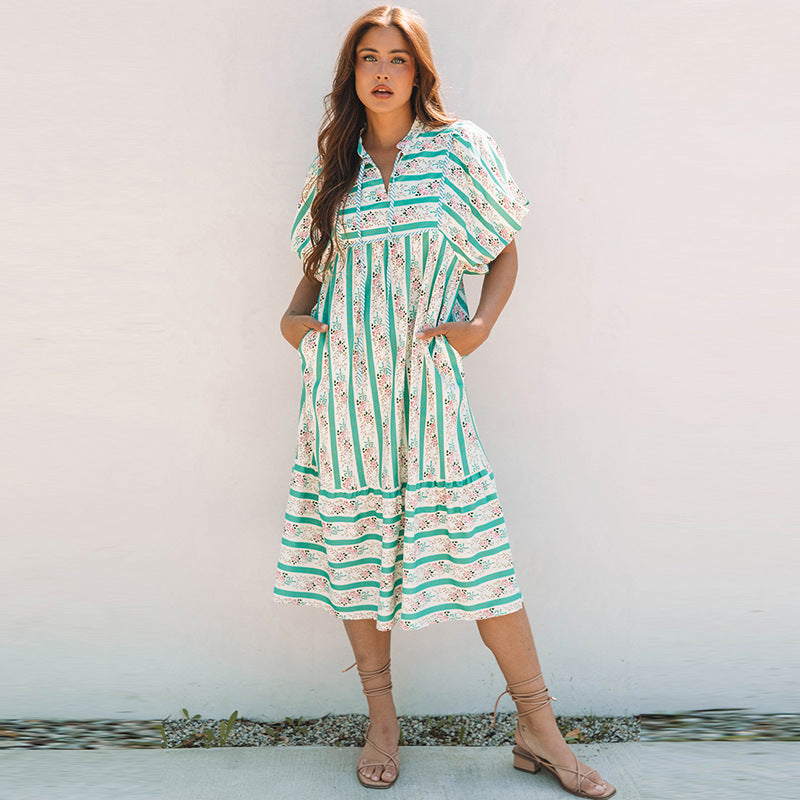 Women's Striped & Plaid Long Dress - Loose Slim Fit High Waist Puff Sleeve Maxi Dress (Polyester, S-XL)