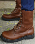 Men Genuine Leather Mid-Calf Boots – Fleece Lined Vintage Lace-Up Anti-Slip Winter Cowhide Work Boots