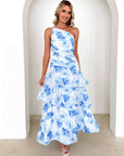 Robe longue à volants et imprimé floral pour femme (rose/violet/bleu) – Robe de soirée sexy sans manches en polyester