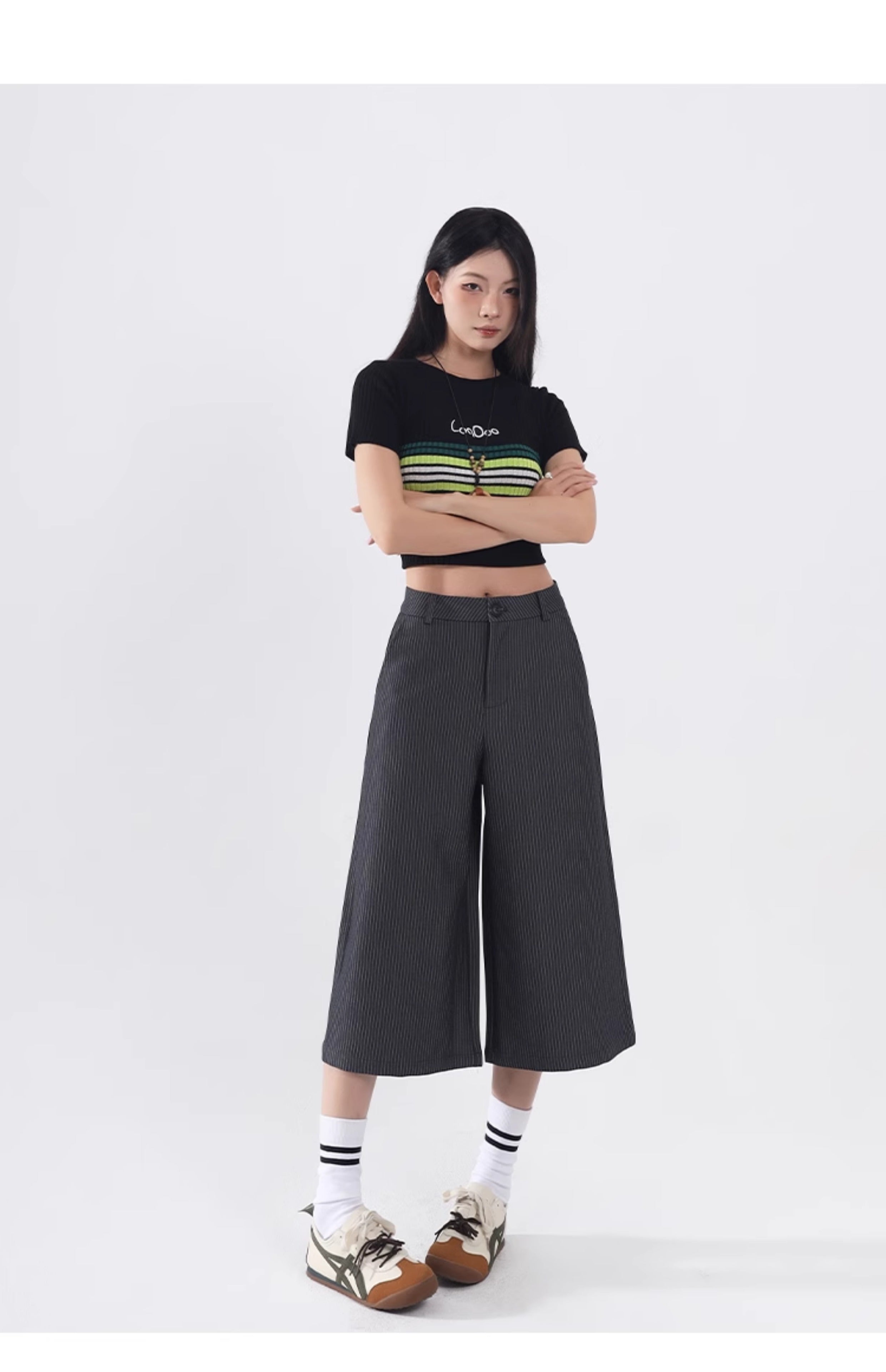 Women’s Straight Leg Striped Pants - High-Waisted Polyester Trousers (Black/Gray, 96% Polyester) Office & Casual Wear