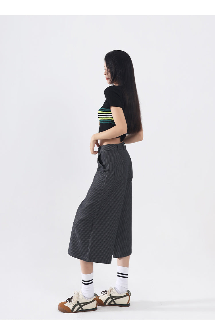 Women’s Straight Leg Striped Pants - High-Waisted Polyester Trousers (Black/Gray, 96% Polyester) Office & Casual Wear