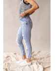 ✨ Jean court déchiré taille haute pour femme – Denim bleu clair vieilli (S-XL)