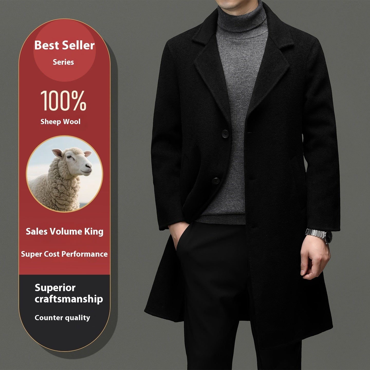 Men’s 100% Sheep Woolen Trench Coat – Thick Double-Velvet Business & Leisure Outerwear