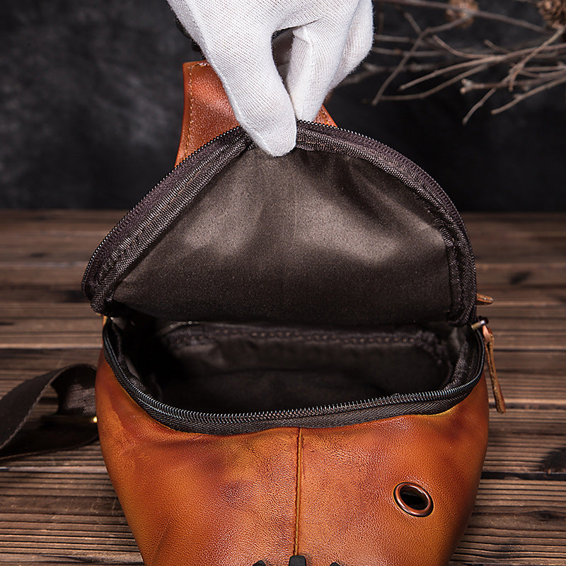 Men’s Genuine Cowhide Leather Chest Bag – Simple Retro Crossbody Satchel