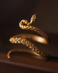 18K Gold Plated Snake Ring – Adjustable Diamond-Studded Statement Jewelry – Vintage Glam