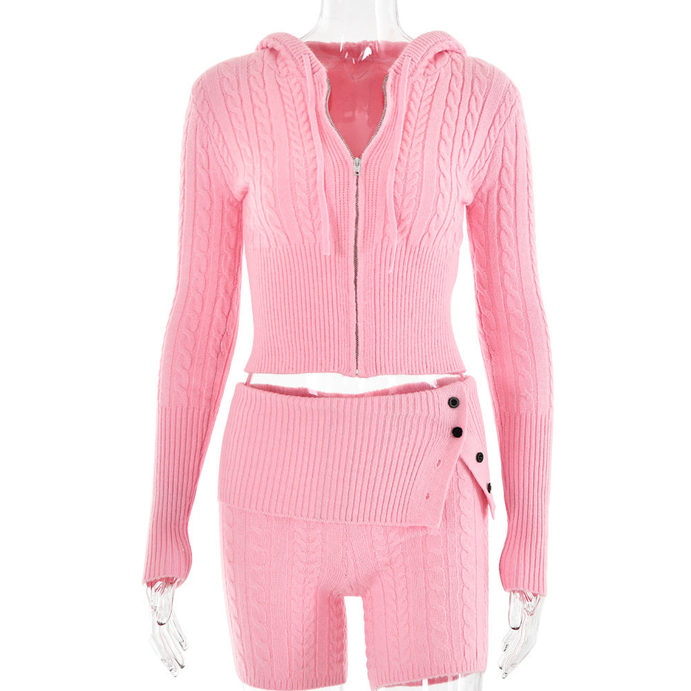 Women’s Knitted Sweater Hoodie & Shorts Set – Cozy Two-Piece for Autumn/Winter