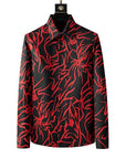 Men’s Digital Printed Striped Shirt – Slim Fit Long Sleeve (White/Red, Polyester)