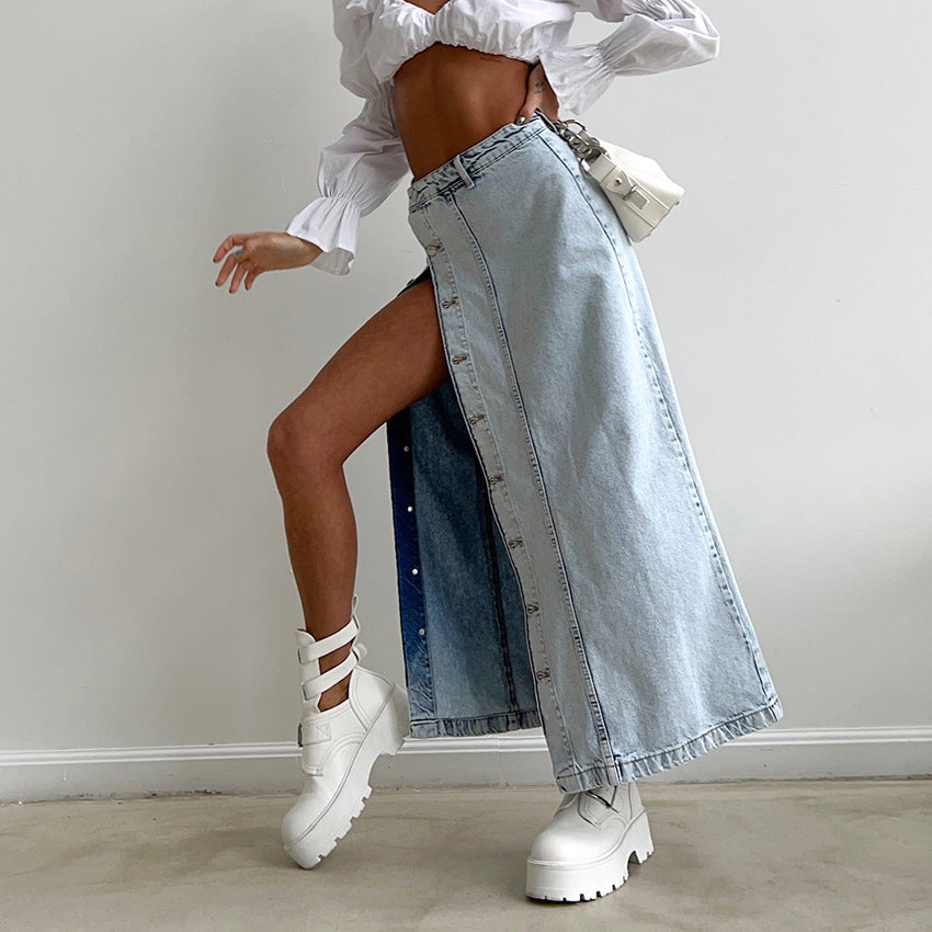 Damen-Maxirock im Used-Look aus Denim – dehnbarer, verwaschener A-Linien-Langrock (Spandex-Mischung, SL) für Büro und Freizeit