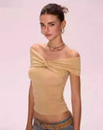 Women’s Off-Shoulder T-Shirt - Slim Fit Lyocell Blend Top (Yellow, Long/Short Sleeve Options, Spring Casual Wear)