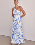 Robe longue à volants et imprimé floral pour femme (rose/violet/bleu) – Robe de soirée sexy sans manches en polyester