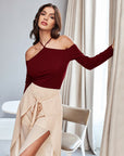 Women’s Autumn/Winter Slim-Fit Halter Neck Top – Wine Red Off-Shoulder Long-Sleeve T-Shirt
