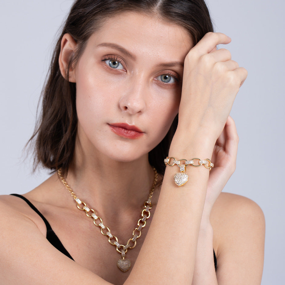 Damen-Set mit Diamant-Love-Anhänger – Halskette und Armband (Sterlingsilber/Roségold)