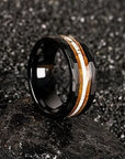 Men's Electric Black & Rose Red Tungsten Ring – Inlaid Bourbon Barrel Wood & Antler – 8mm Bold Statement Band