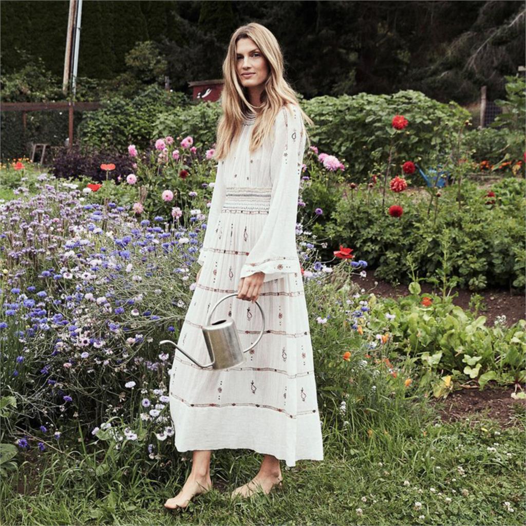 Jupe longue brodée style bohème pour femme – Style hipster européen et américain (blanc) – Jupe longue en coton à taille élastique (S-XL)