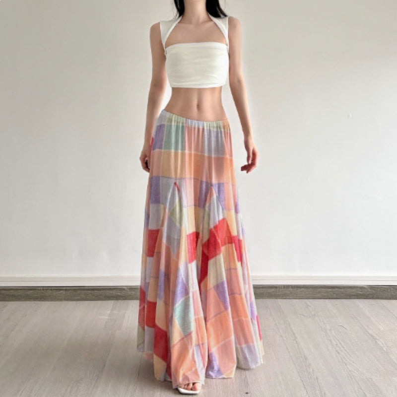 Women's Artistic Colorblock Plaid Skirt – Bold & Whimsical