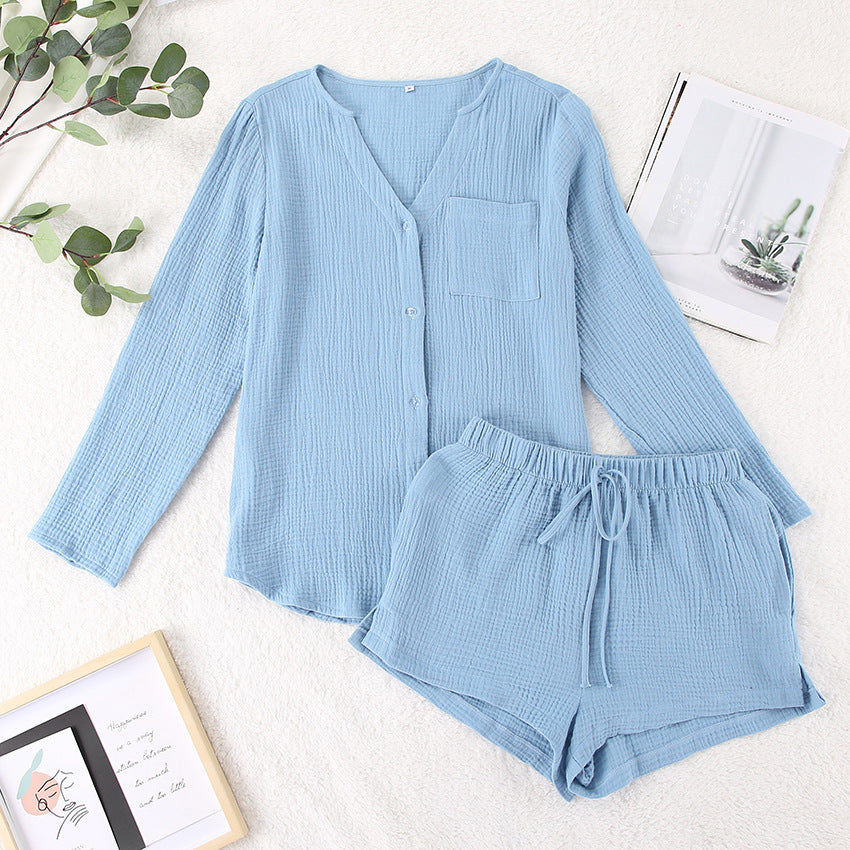🌙 Women’s Double-Layer Cotton Gauze Pajama Set – Long Sleeve & Shorts