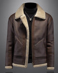 Men’s Leather Fur Lapel Jacket – Thickened Winter Warm Zipper Coat with Side Pockets Loose Fit
