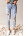 ✨ Jean court déchiré taille haute pour femme – Denim bleu clair vieilli (S-XL)