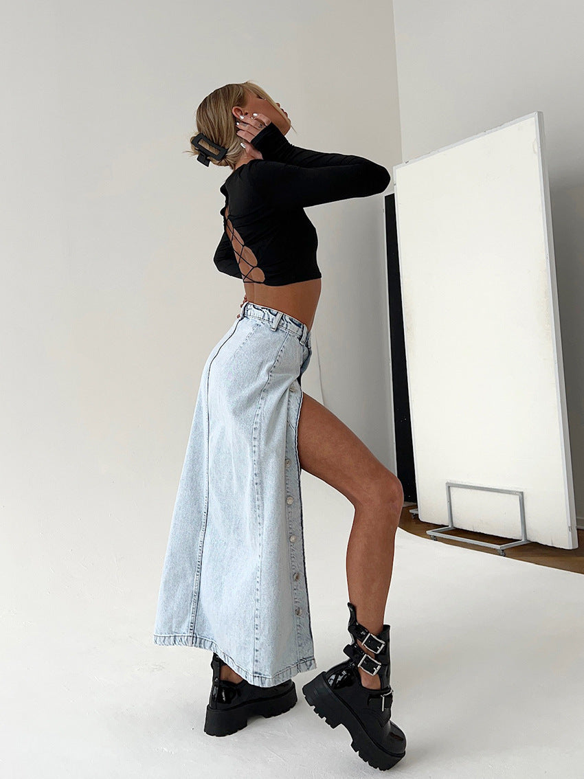 Damen-Maxirock im Used-Look aus Denim – dehnbarer, verwaschener A-Linien-Langrock (Spandex-Mischung, SL) für Büro und Freizeit