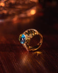 Mid-Century Lab Sapphire Ring – Adjustable Gold-Plated Statement Jewelry – Vintage Ruyi Motif